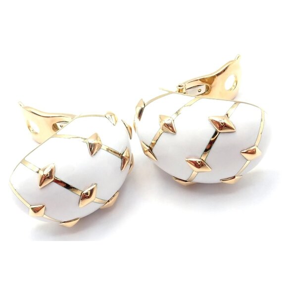 Tiffany & Co Schlumberger Dot Losange 18k Yellow Gold White Enamel Hoop Earrings - Picture 9 of 15